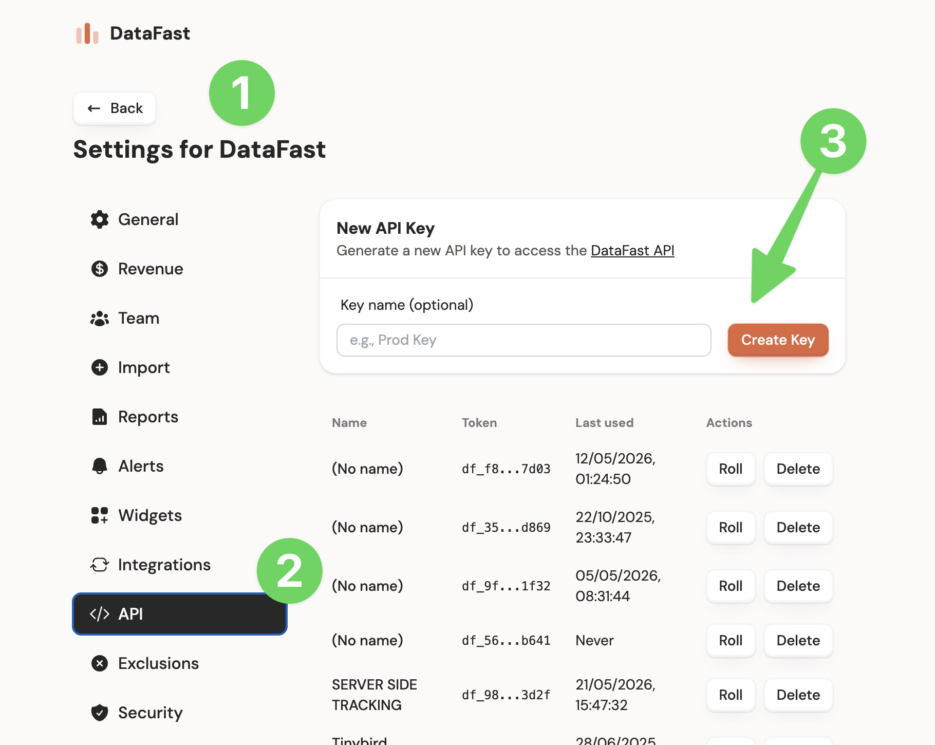 Create a DataFast website API key