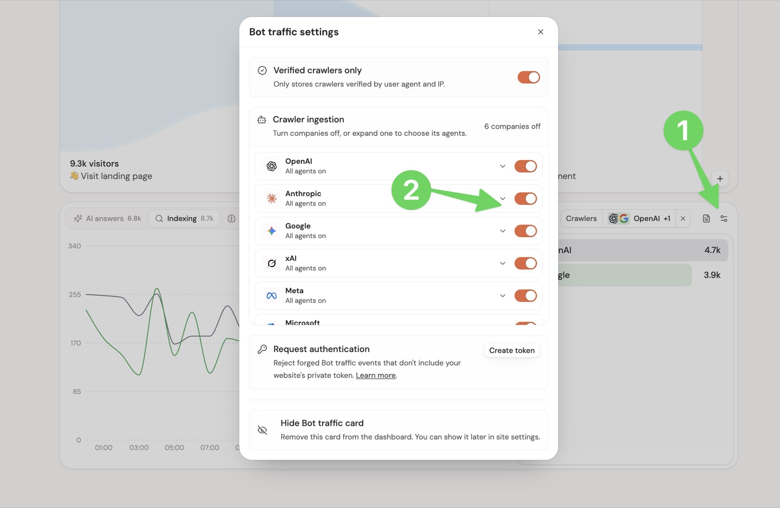 Open Bot traffic settings, then choose which crawler companies and agents DataFast tracks